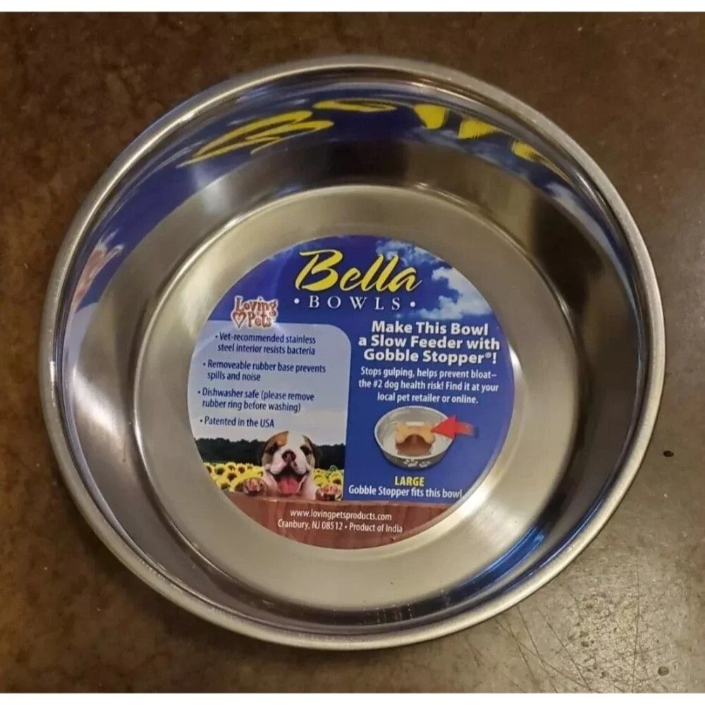 Large Bella Dog Bowl Murano Blue Stainless Steel, Removable Rubber Base USA New